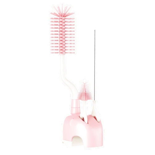 EPiiChua Silicone Bottle Brush Set with Stand, 360° Rotating Silicone Bottle Cleaning Brush Cleaner Set, Long Handle 3 in 1 multipurpose Silicone Baby Bottle Straw Cleaner Brush (Pink)