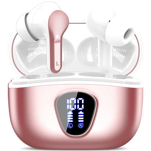 BESNOOW Wireless Earbuds, Bluetooth 5.4 Headphones HiFi Stereo, Bluetooth Earbuds with ENC Noise Cancelling Mic, IP7 Waterproof in Ear Earphones, 48H, LED Display Ear buds for Pad Phones Workout, Rose Gold