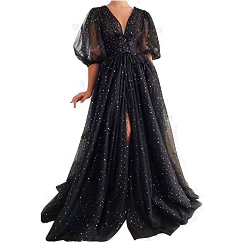 OUJUNFU Flovery Women's Sparkle Starry Tulle Prom Dresses Puffy Sleeve Evening Gowns Long Slit Formal Party Dress