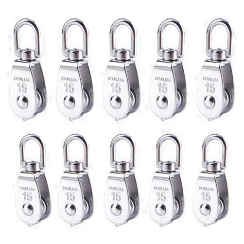 Rocaris 10 Pcs Stainless Steel Wire Rope Crane Pulley Block M15 Lifting Crane Swivel Hook Single Pulley Block Hanging Wire Towing Wheel