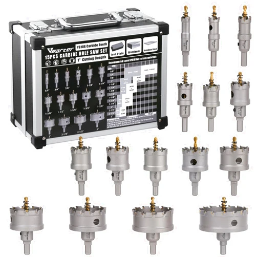 Vearter 15PCS Carbide Hole Saw Kit, 5/8'' to 3'' Metal Hole Cutter with Pilot Drill, Holesaw for Hard Metal, Stainless Steel, Iron, Mild Steel, Aluminium, Alloy, Plastic, Fiberglass