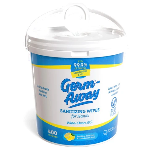 Germ-Away Hand Sanitizer - 400 Antibacterial Hand Wipes, Bulk Size with Lemon Scent in Reusable Dispensing Bucket, 400 Count (Pack of 1)