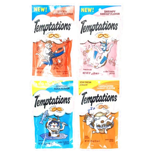 Temptations Cat Treats Variety Pack Bundle of 4 Flavor Pouches (Rockin? Lobster, Shrimpy Shrimp, Tempting Tuna, Tantalizing Turkey; 3 oz Each)
