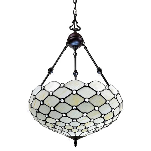 Amora Vintage Tiffany Style Ceiling Lamp - 18” x 9” White Jeweled Stained Glass Chandelier Lighting - Antique Dining Room Light Fixtures Ceiling