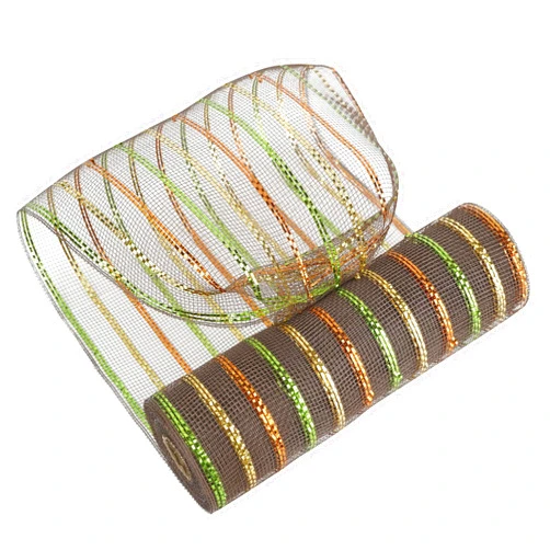 MEEDEE Fall Deco Mesh 10 Inch Rolls Brown Basic Mesh with Deluxe Wide Foil Orange & Yellow & Lime Metallic Striped Deco Mesh for Wreaths, Garland, Christmas Tree, Gift Wrapping, Bows Making (30 Feet)
