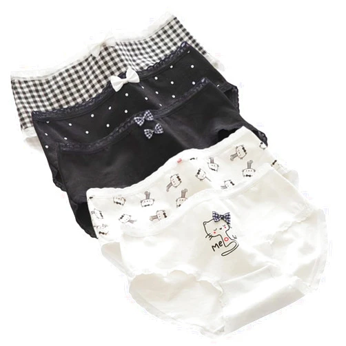 CHERSE Women’s Underwear Cotton Panties Cat Print Plaid Bow Knot Polka Dot Cute Kawaii Japanese Underwear 5 Pack