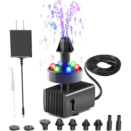 JuTai 24-Hours Working Bird Bath Fountains Electric, Jutai Adjustable Quiet Water Fountain Pump with LED Lights for Garden,Small Fish Tank, Pond,Water Features - 7 Nozzles,16.4Ft Power Cord