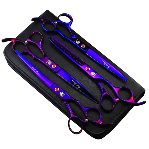 Purple Dragon Professional 7.0 inch 4PCS Pet Grooming Scissors Kit Japan Premium Steel Straight & Curved & Thinning Blade Dog Hair Cutting Shears Set with Case