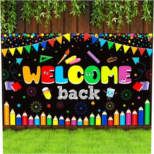 Tatuo Welcome School Banner First Day of School Backdrop Banner Large Fabric Welcome Banner Poster Bulletin Board Flag Photo Booth Prop Wall Decoration for School Supplies, 72.8 x 43.3 Inch(Black)