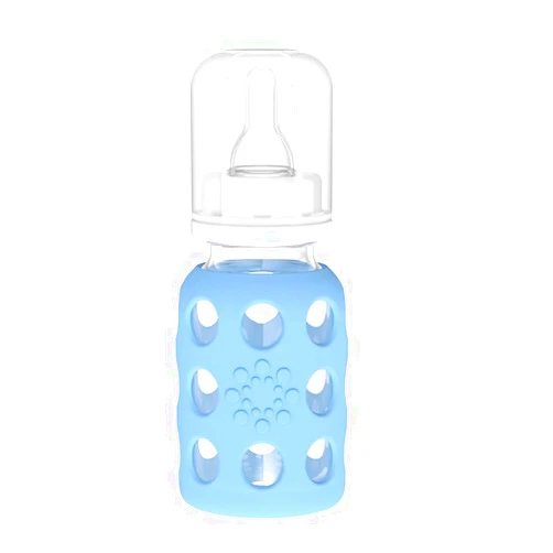 Lifefactory 4-Ounce BPA-Free Glass Baby Bottle with Protective Silicone Sleeve and Stage 1 Nipple, Sky Blue