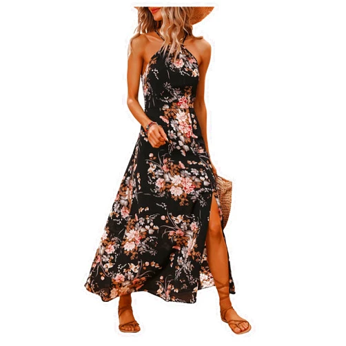 Floerns Women's Floral Print Sleeveless Slit Hem Halter Neck A Line Long Dress