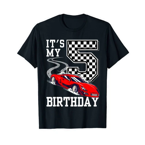 Kids Birthday Boys Race Car Birthday Party Family Kids It's My 5th Birthday Boys 5 Five Racing Car Flag Race T-Shirt