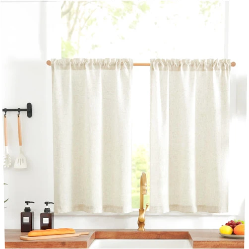 jinchan Linen Textured Tier Curtains 24 Inch for Kitchen Windows Farmhouse Cafe Curtains Small Drapes Rustic Light Filtering Half Window for Living Room Laundry Rod Pocket 2 Panels Natural Crude