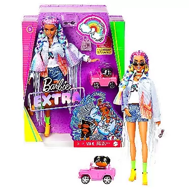 Barbie Extra Doll #5 in Long-Fringe Denim Jacket with Pet Puppy, Rainbow Braids, Layered Outfit & Accessories Including Car for Pet, Multiple Flexible Joints, Gift for Kids 3 Years Old & Up