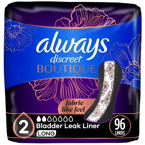 Always Discreet Boutique Incontinence Panty Liners for Bladder Leaks, Size 2, Very Light Absorbency, Long Length, 96 Count (3 Packs of 32)