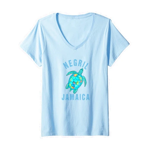 Negril Vacation Beach Designs Womens Negril, Jamaica Beach Design / Sea Turtle Illustration Gift V-Neck T-Shirt