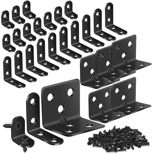 MAPVOLUT 25Pcs L Brackets for Shelves, 3 Sizes Angle Corner Braces Metal L Bracket Heavy Duty for Wood, Sturdy and Rustproof for Repairing Furniture with 82Pcs Screws Mounting Bracket Easily Black
