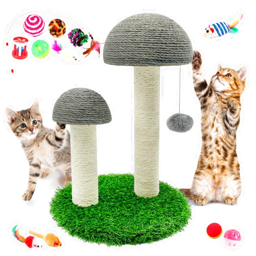 BNOSDM Mushroom Cat Scratcher with 2 Sisal Poles, Cat Scratching Post Pet Interactive Toy Scratch Post with 12 Pcs Cat Toys and Hanging Ball for Indoor Kitten Kitty Small Cats (Grey)