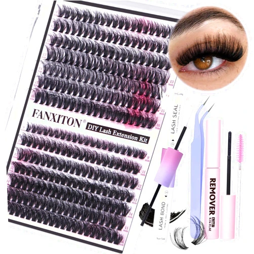 FANXITON DIY Lash Extension Kit Fluffy 40D+50D Volume Lash Clusters Kit with Lash Bond and Seal 280pcs Thick Individual Lashes 9-16mm D Curl Mink Lashes Cluster, Lash Cluster Remover and Tweezers by FANXITON