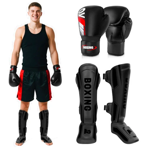 JUOIFIP Kickboxing Shin Guards Muay Thai Shin Pads with 16 OZ Boxing Gloves, Adjustable Leg Guards with Instep Protection Shinguards with Workout Gloves Martial Arts Training Equipment for MMA Training