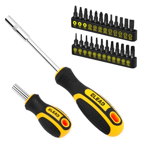 ELEAD 26-Piece Magnetic Screwdriver & Bit Set - Strong Magnetic Bit Holder and Screwdriver Bits, Durable & Versatile, Ergonomic Cushion Grip 95mm & 210mm Handles, Torx, Square, Phillips, Slotted Bits