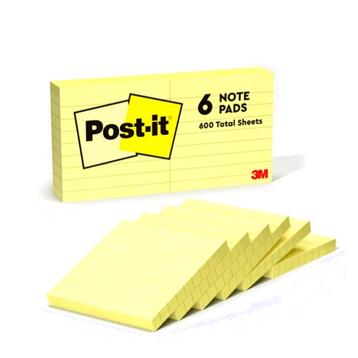 Post-it Notes, 3 in x 3 in ,6 Pads, Canary Yellow, Lined, America's #1 Favorite Sticky Notes, Clean Removal, Recyclable