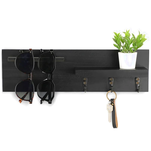 Lucundm Key Holder for Wall, Decorative Entryway Shelf with Hooks Holds Keys, Dog Leash, Sunglasses – Key Hanger with 3 Hooks Organizes, Enhances Home Decor (15” x 4.5” x 2.6”) (Black)