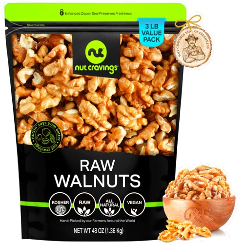 NUT CRAVINGS - Raw Walnuts Halves & Pieces, Unsalted, Shelled, (48oz - 3 LB) Bulk Nuts Packed Fresh in Resealable Bag - Kosher Healthy Snack, Natural Keto Vegan - Ideal for Trail Mixed Nuts