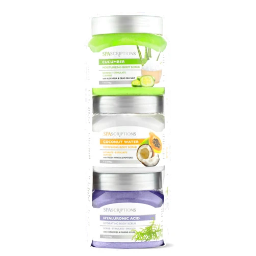 Spascriptions 3 Pack Exfoliating Body Scrub Set - Hydration Assortment, Cucumber, Coconut Water and Papaya, 21 oz
