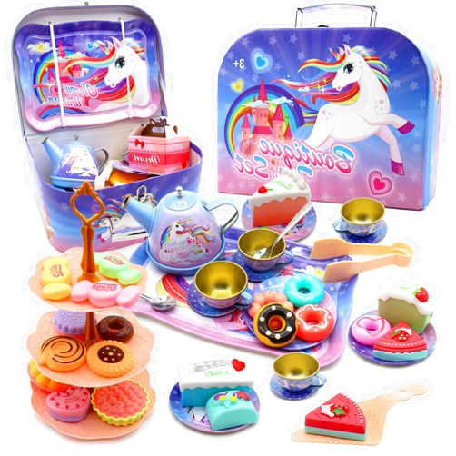 Dollox Kids Tea Party Playsets for Little Girls, Pretend Tin Teapot Set Princess Tea Time Toys Playset with Teapot, Cups, Plates and Carrying Case Birthday Gifts Ideas for Age 3 4 5 6 Years Old Girls