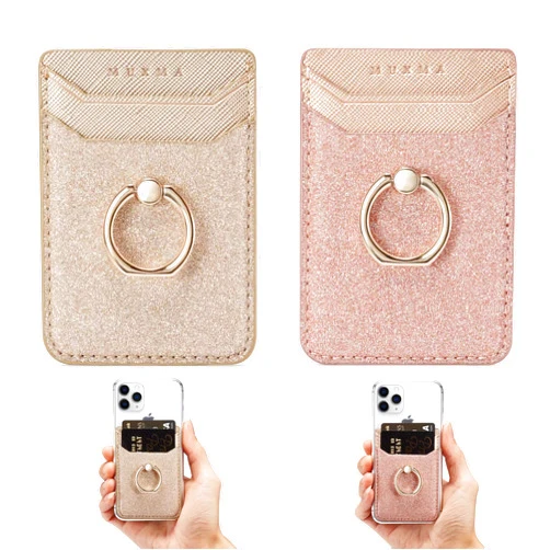 DMaos Phone Card Holder Sleeve RFID Credit Wallet with Kickstand Ring for Women, 2 Pieces Glitter Sands Wallet Stick-On Back Grip for iPhone Samsung Android and Smartphones - Pink + Gold