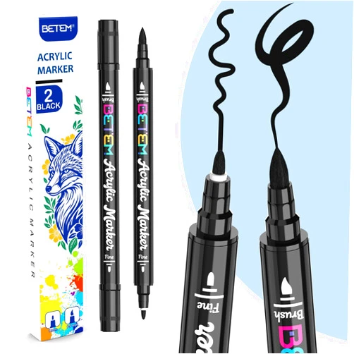 Betem Black Acrylic Paint Pens, 2-Pack Dual Tip Acrylic Markers, Water-resistant Black Paint Pens with Fine & Brush Tip, Black Markers for Coloring Book, Fabric, Shoes, Canvas, Wood, Metal, Glass