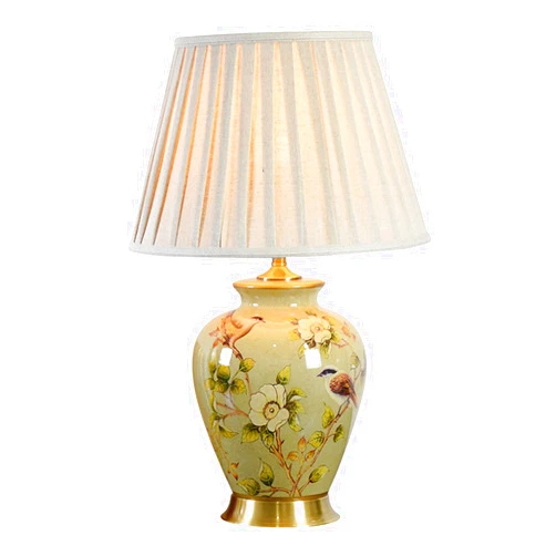CEKUXPS American Flower and Bird Ceramic Table Lamp, Hand-Painted Chinoiserie Lamp, Fabric Lampshade Nightstand Lamp for Bedroom Living Room Office College Bookcase LED Bulbs Included