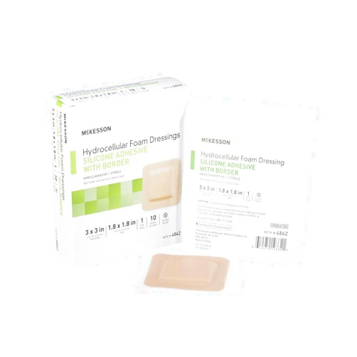 McKesson Hydrocellular Foam Dressings, Sterile, Silicone Adhesive with Border, Dimension 3 in x 3 in, Pad 1 4/5 in x 1 4/5 in, 10 Count, 1 Pack