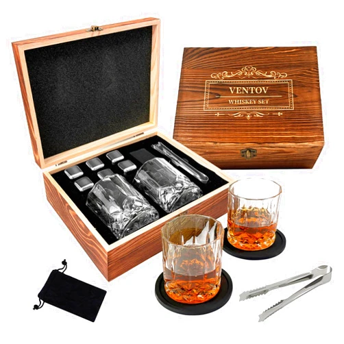 VENTOVOLT Whiskey Stones Gift Set,Whiskey Glasses Set 6 Packs Stainless Steel Whiskey Chilling Rocks, 2 Bourbon Glasses,Best Drinking Gifts for Men Dad Husband Birthday Anniversary Present.