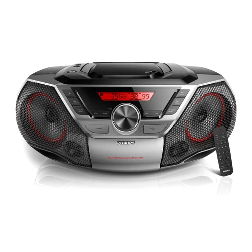 Philips Portable Boombox CD Player Bluetooth FM Radio MP3 Mega Bass Reflex Stereo Sound System with NFC, 12W, USB Input, Headphone Jack, and LCD Display