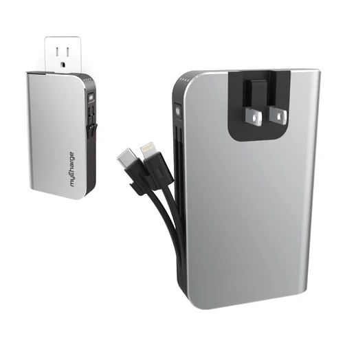myCharge Portable Charger Power Bank - HubMax 10050 mAh Universal External Battery Pack | Foldable AC Wall Plug | Two Built in Cables for Apple (iPhone Lightning) & for Samsung USB Type C (Android)