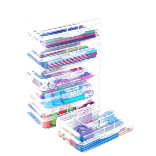 Sooez Plastic Pencil Case Box 6 Pack, Large Craft Storage Boxes Bulk, Plastic Containers with Snap-tight Lids, Hobby Art School Supply 0rganizer, Marker Bead Pen Bins Organizer,Stackable, Clear
