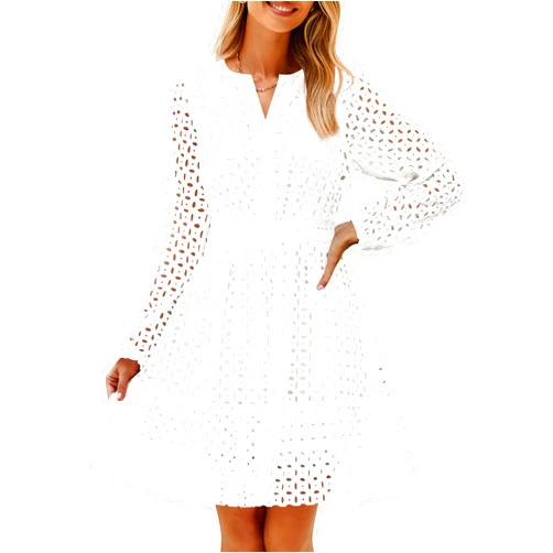 ZESICA Women's 2026 Long Sleeve Mini Dress Fall V Neck Hollow Out Eyelet Embroidery Ruffle A Line Swing Short Dresses