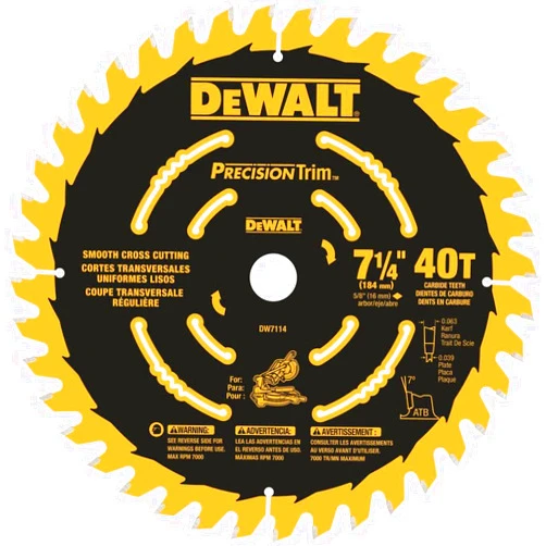 DEWALT Miter Saw Blade, Precision Trim, 7-1/4-Inch, 40-Tooth (DW7114PT)