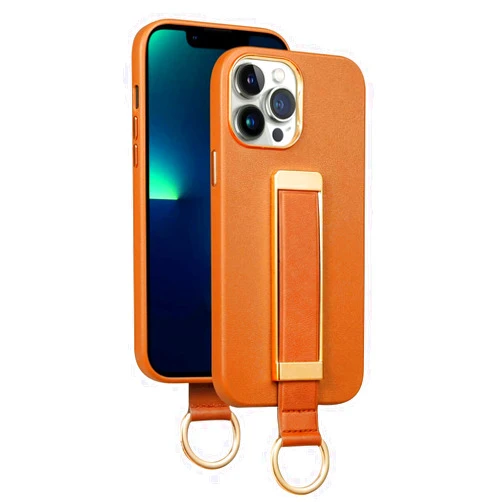 KOMISS Case for iPhone 14/14 Plus/14 Pro/14 Pro Max, PU+PET Protective Phone Case with Wrist Strap, Hand Strap Stand Shockproof Bumper Cover,Brown,14 6.1