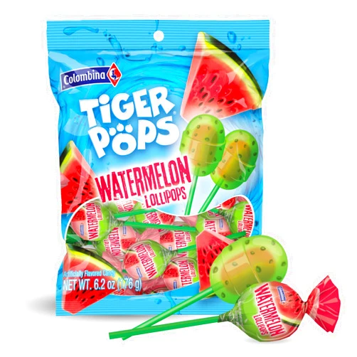 Colombina Tiger Pops Watermelon Lollipops Pack - for Summertime Fun -Bursting with Irresistible Sweetness and Playful Tiger Stripe Fun-Individually Wrapped (Watermelon, 6.2 oz, 11 Per Bag, Pack of 1)
