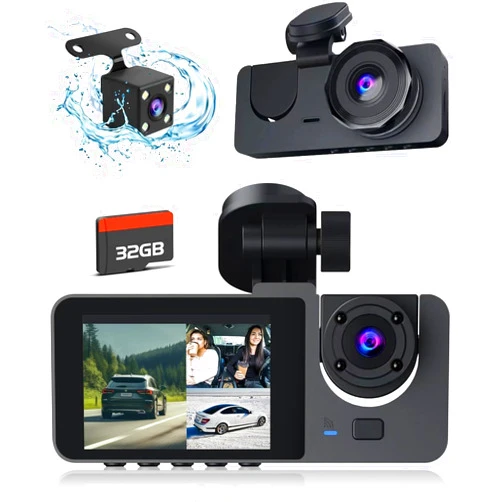 Prilotte 3 Channel Dash Cam Front and Rear Inside, 4K Full UHD Dash Camera for Cars,Car Camera Built-in 32GB Card,WDR,G-Sensor,2.0''IPS HD Screen, Loop Recording,24H Parking Monitor