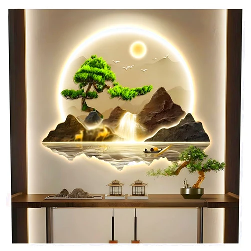 Zfmnoyev 3D Wall Decor with Led Lights, Metal Wall Art Home Decor Wall Art Decorations Lamp, Landscape Painting Wall Art Hang Pictures, for Bedroom Living Room Office Entrance(Gold,70x58cm/27.6x22.8in)