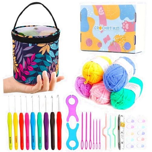 Lewhoo Beginner Crochet Kits with 5 Crochet Yarn, Ergonomic Crochet Hooks 2.0~6.0mm & Crochet Storage Bag…