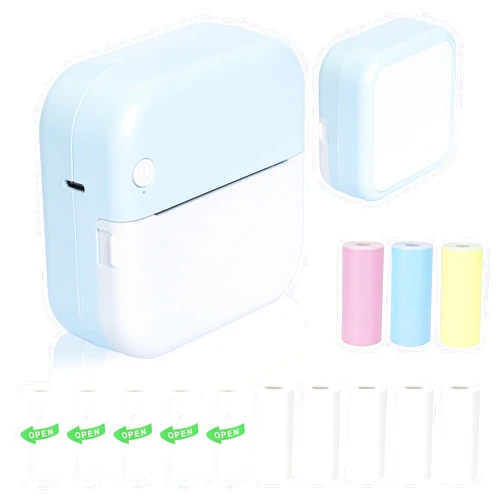 ZEDACY Thermal Mini Printer, Portable Inkless Sticker Printer, Bluetooth Wireless Label Printer with 13 Rolls Paper, Small Pocket Printer for Notes, Children DIY, Compatible with iOS/Android (Blue)