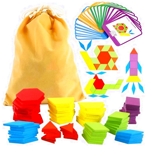 LovesTown 209 PCS Wooden Pattern Blocks, Geometric Shapes Blocks Pattern Blocks with Cards Tangram Puzzles for Kids Educational Tangram Toys