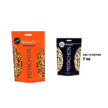Wonderful Pistachios, No Shells, Chili Roasted, 5.5 Ounce Resealable Pouch & Salt and Pepper Flavored, 7 Ounce Resealable Pouch Pistachios + Pistachios, Salt and Pepper