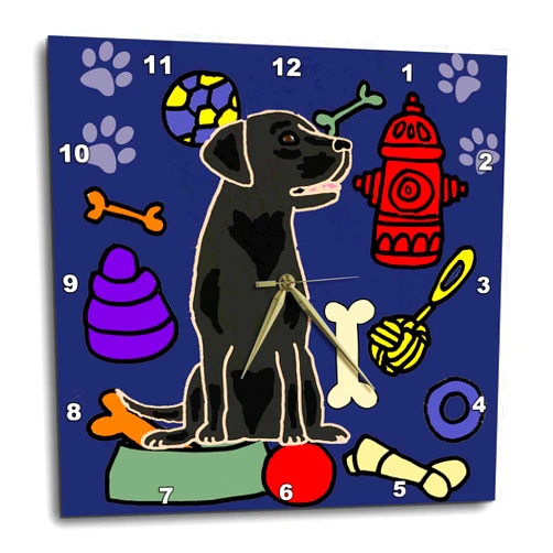 3dRose Wall Clock Silent - 13 inch - Funny Cute Black Labrador Retriever Puppy Dog and Dog Toys Cartoon - Pets