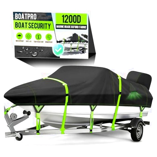 BOATPRO 1200D Waterproof Boat Cover with Motor Cover, Solution-Dye Marine Canvas Trailerable Boat Cover 16-18.5ft for 16 feet 17ft 18' Foot V-Hull Bass Boat Tri-Hull Runabout Boat, Black